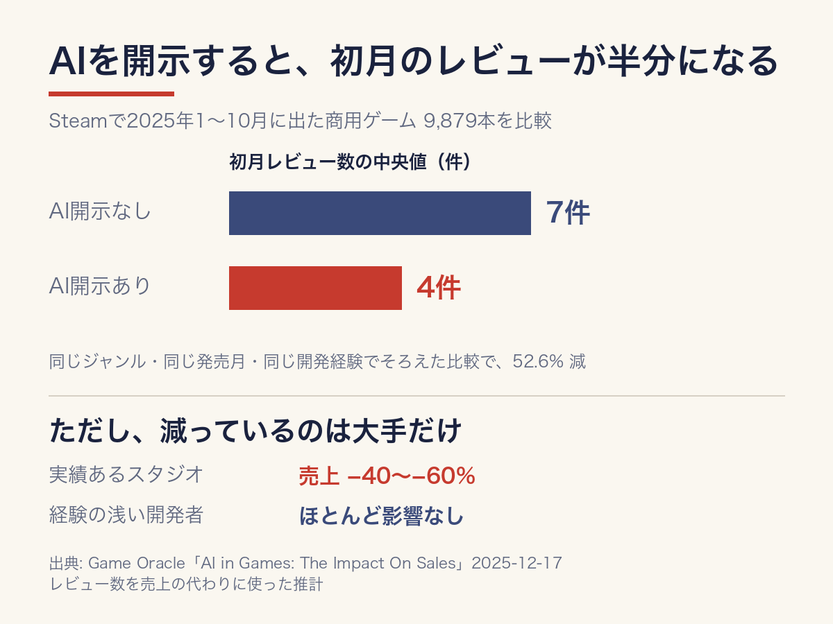 AI開示ありは初月レビューの中央値が4件、なしは7件。減っているのは実績あるスタジオだけ