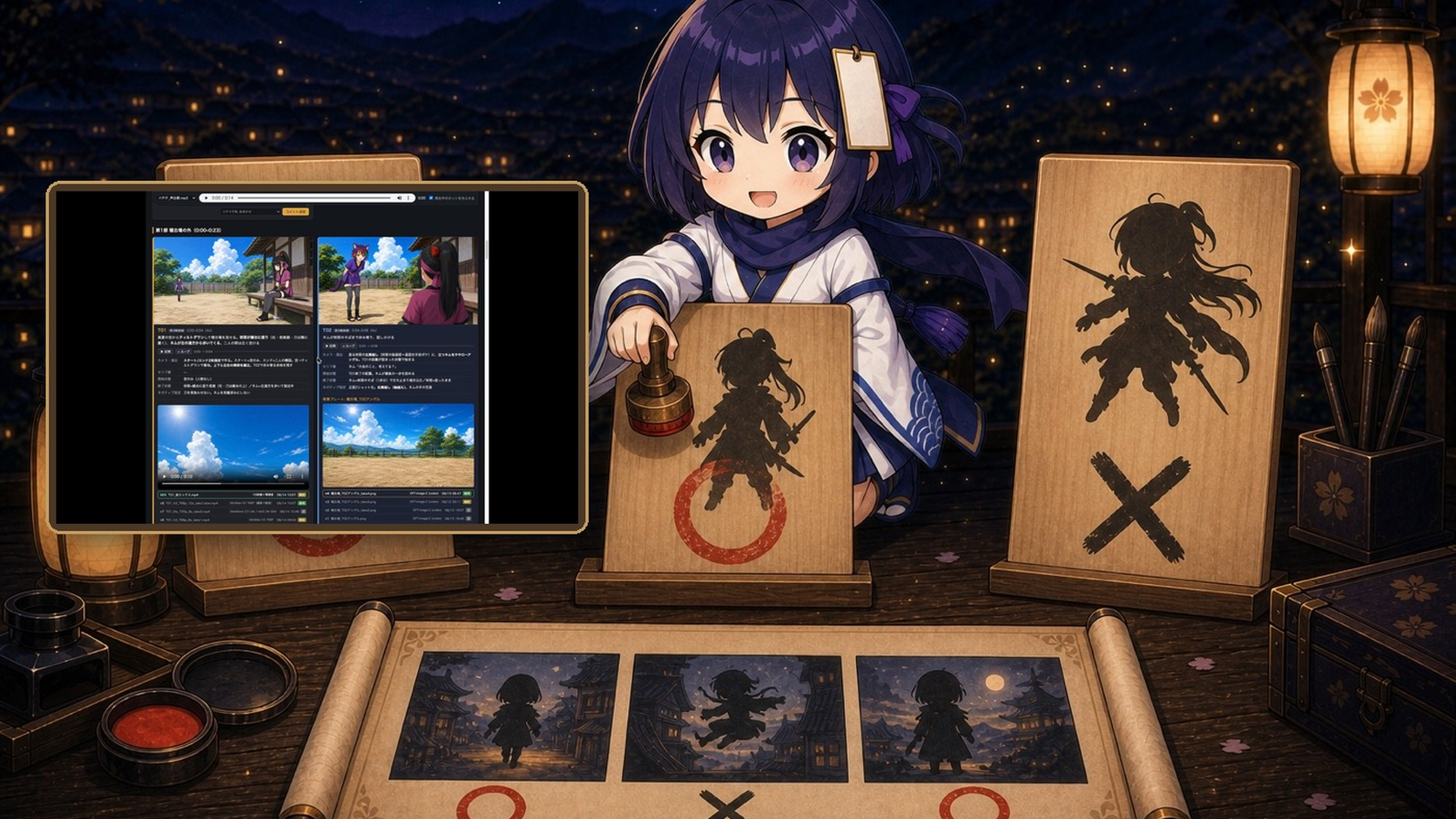 夜の里の縁側で、こよりがカット札へ朱印を押している。傍らに実際のレビュー画面が浮かんでいる