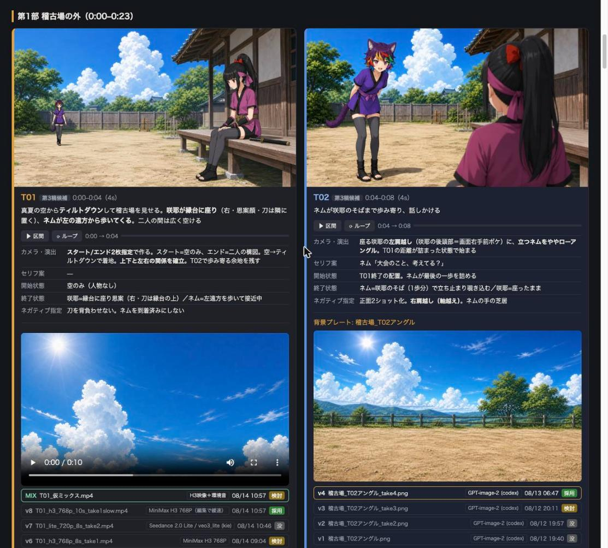 ストーリーボードのレビュー画面。カットごとにカードが並び、開始状態・終了状態・ネガティブ指定と、修正コメントの入力欄が付いている