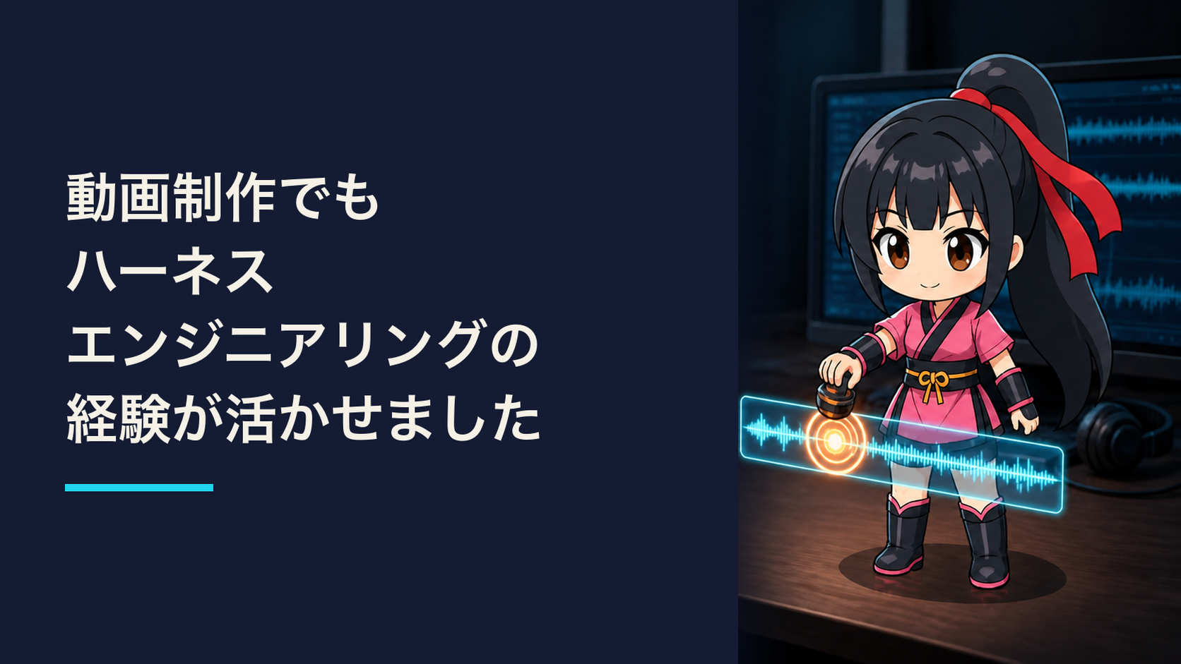 動画制作でもハーネスエンジニアリングの経験が活かせました。音声波形の合格判定を見るちび咲耶