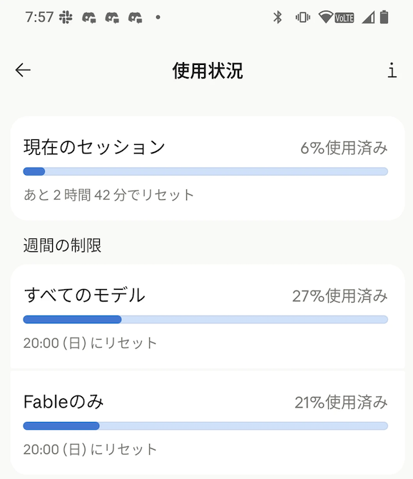 7時57分時点のClaude使用状況。現在のセッション6%、週間すべてのモデル27%、Fableのみ21%