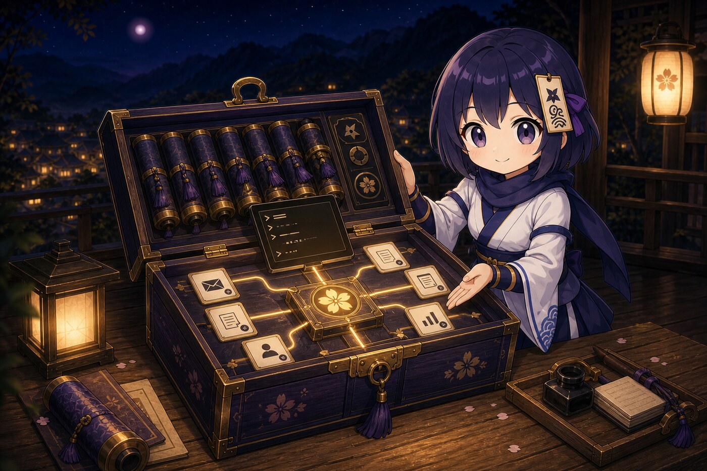 こよりが開いた道具箱に、スキルの巻物とCLIの操作板、メールや記録をつなぐ札が収められている