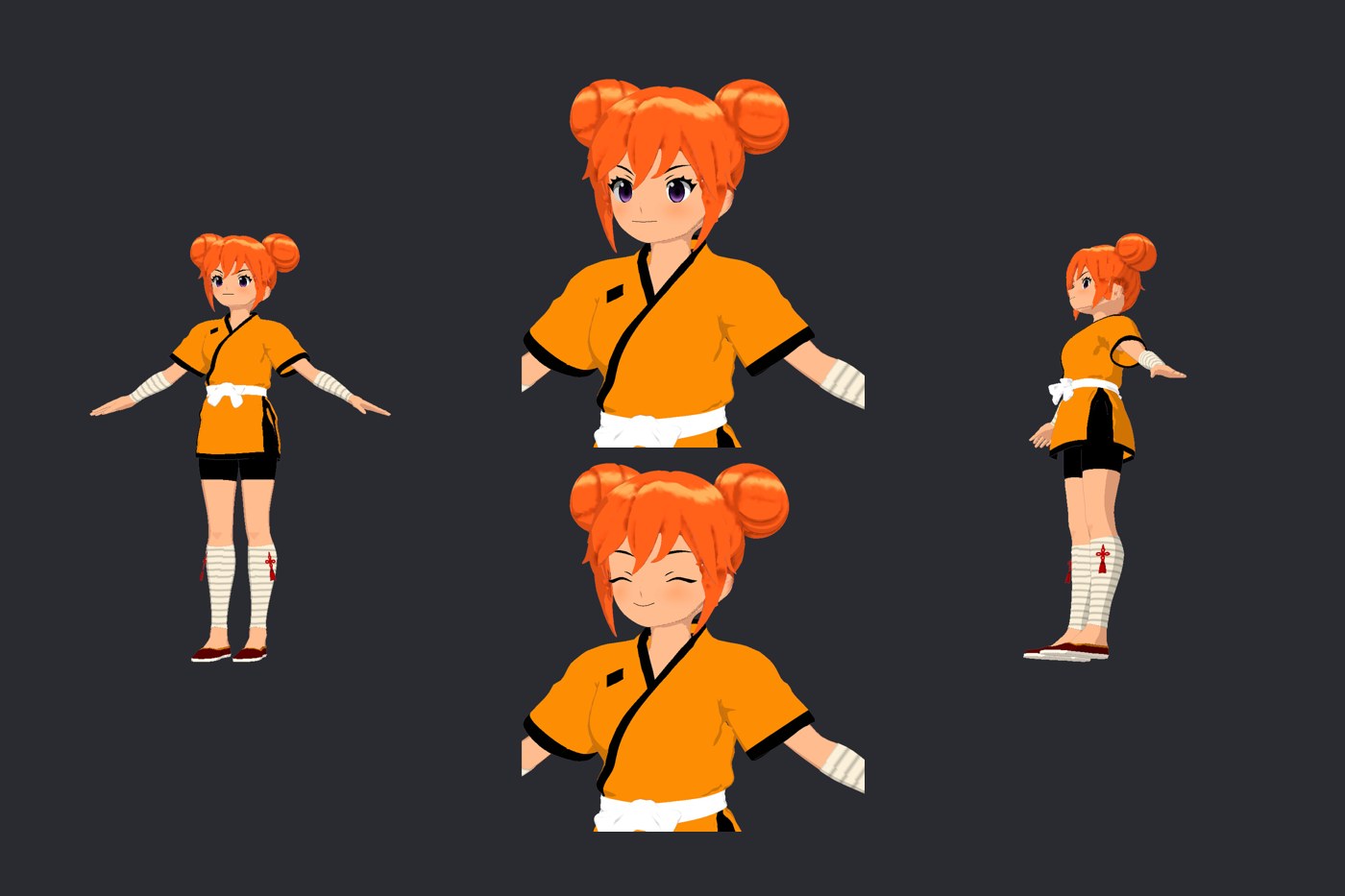 橙色のお団子髪に黄色い法被姿の少女「シャオラン」の3Dモデル。正面・斜めの全身と、胸像、目を閉じて笑う表情