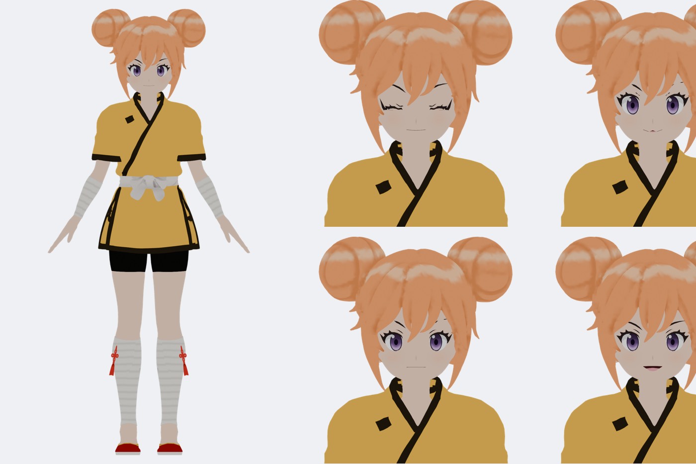 腕を下ろして立つシャオランの全身と、笑顔・驚き・悲しみ・口を開けた胸像4種の透過立ち絵