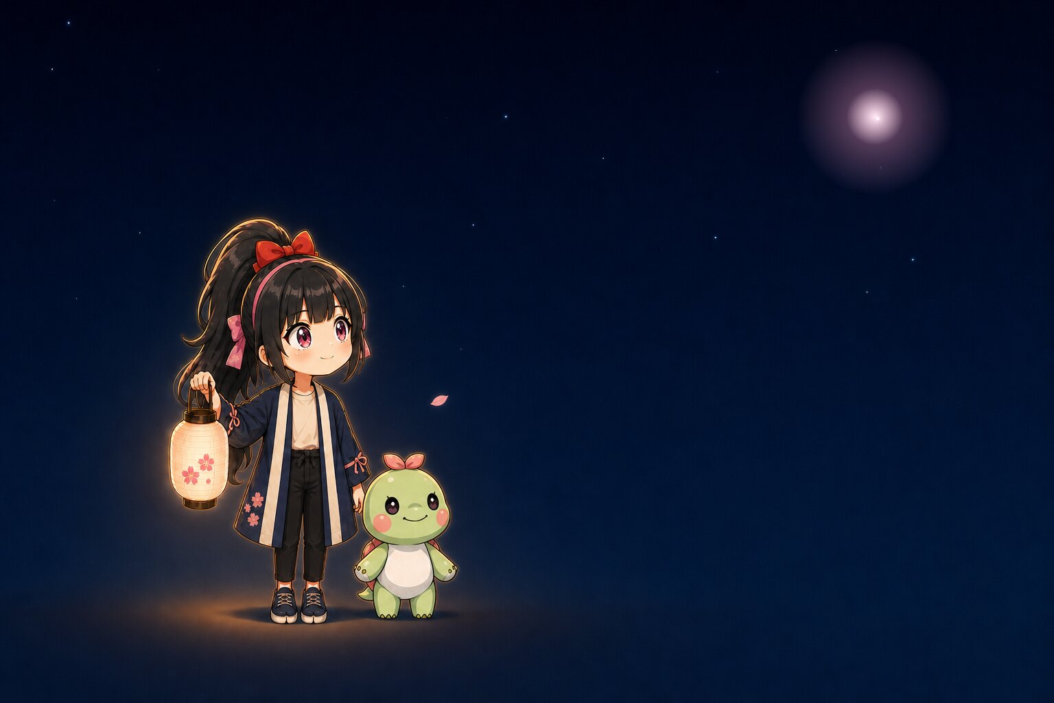夜の里。提灯を持った咲耶と相棒のタルトが、遠くに灯る桜色の光を見上げている