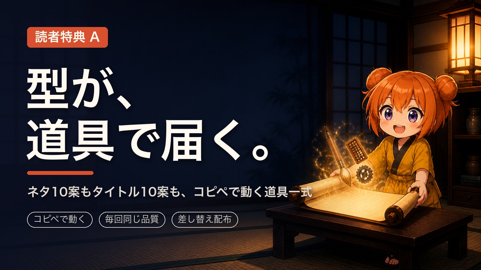 巻物から道具が浮かび上がり、少女忍者が読者へ差し出している
