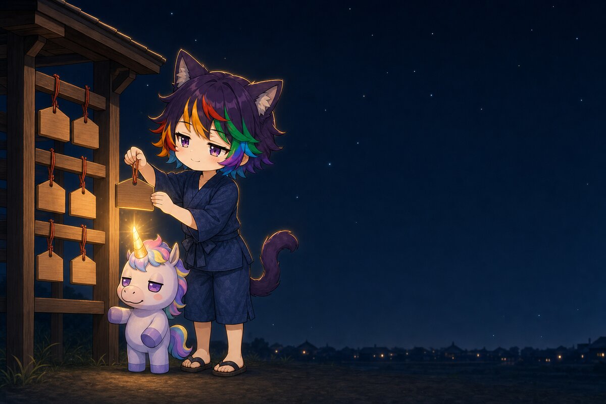絵馬掛けに絵馬を掛けるネムと、角が光るエマ