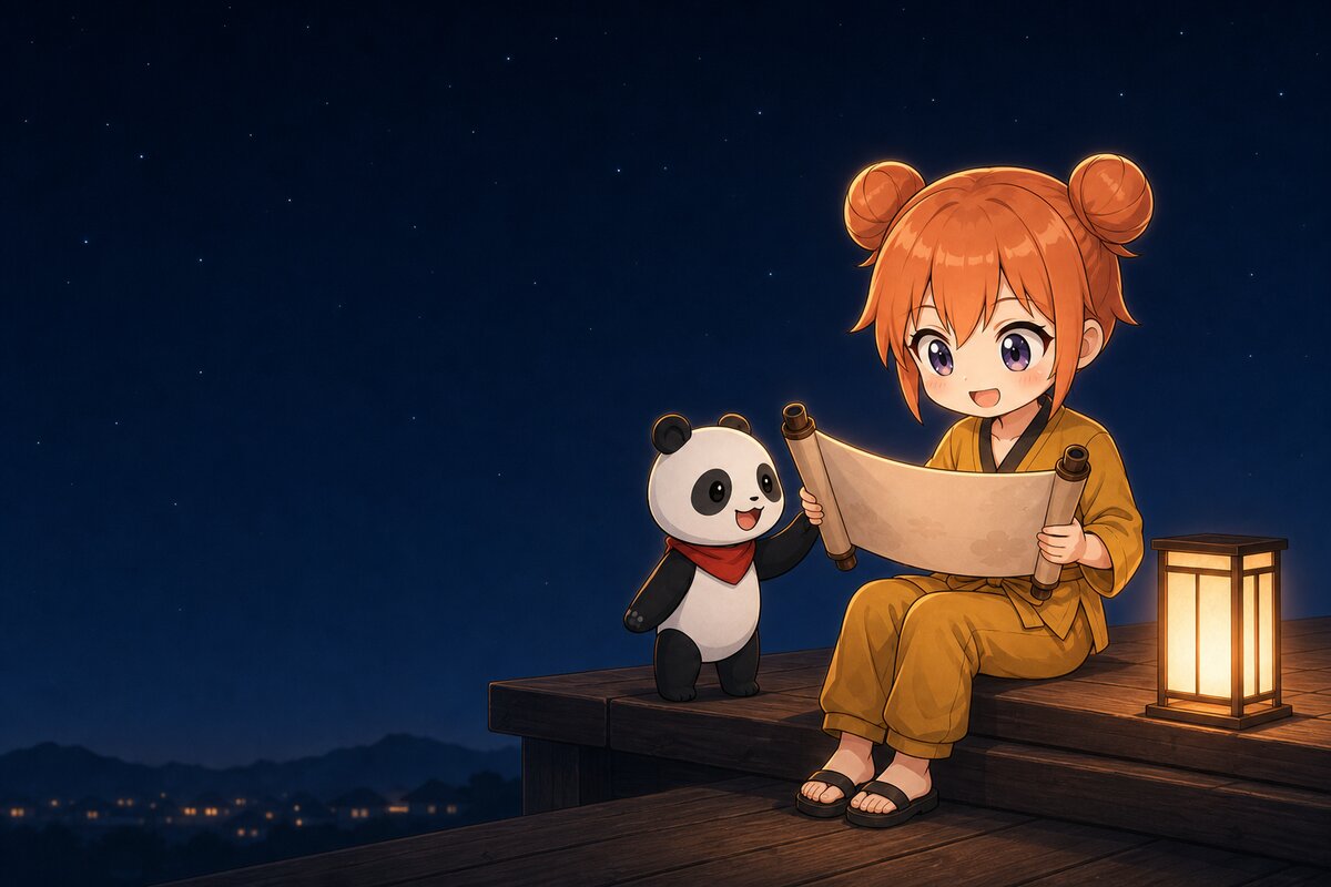 縁側で巻物を読むシャオランと、覗き込むリーリー
