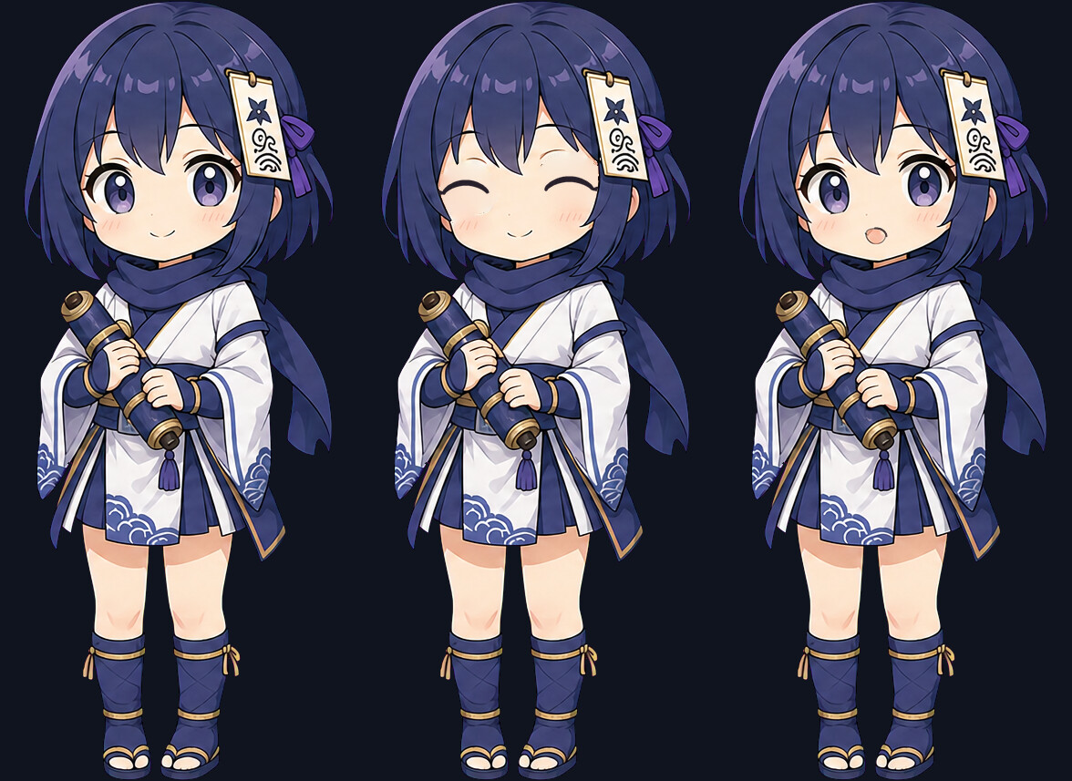 忍者の少女の3枚の絵。左がふだんの顔、中央が目を閉じた顔、右が口を開けた顔