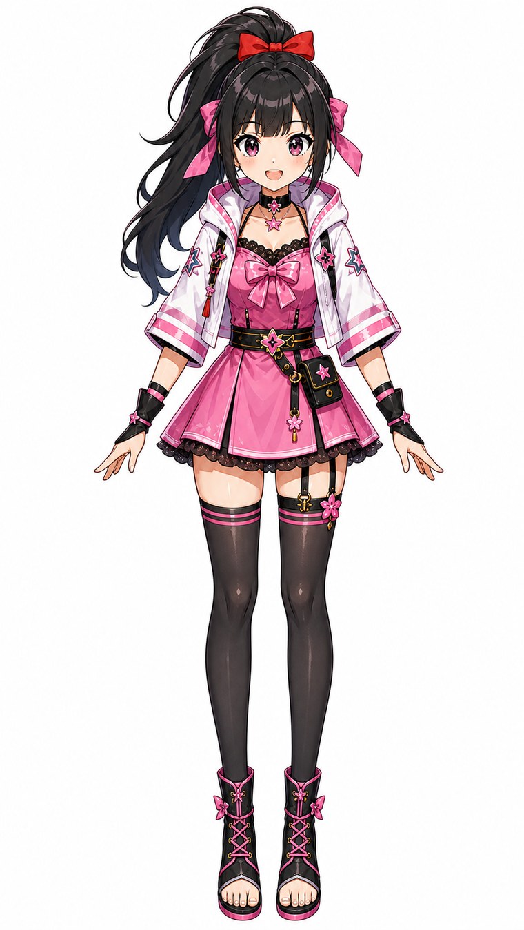 ポニーテールの少女キャラクターの正面立ち絵。衣装や小物まで描き込まれた参照用イラスト