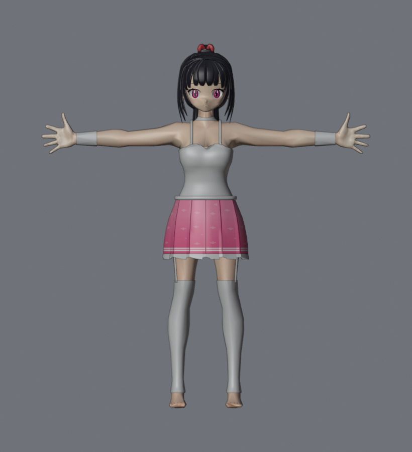 3Dの少女キャラクター。黒髪ポニーテールに赤いリボン、ピンクのプリーツスカートと白いニーソックスを着て、腕を横に広げた姿勢で立っている