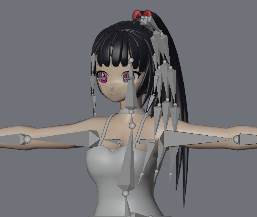 3Dキャラクターの頭と髪に、灰色の八面体が連なったボーンが重ねて表示されている画面