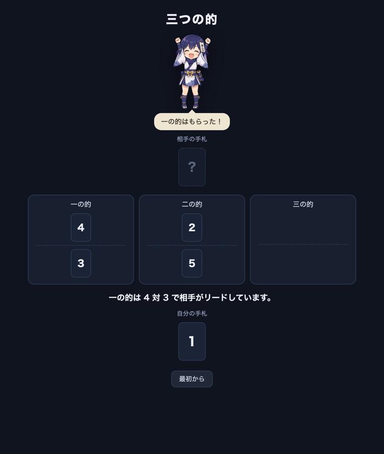ゲーム画面。上部の忍者の少女が両手を上げて喜び、一の的はもらったと言っている