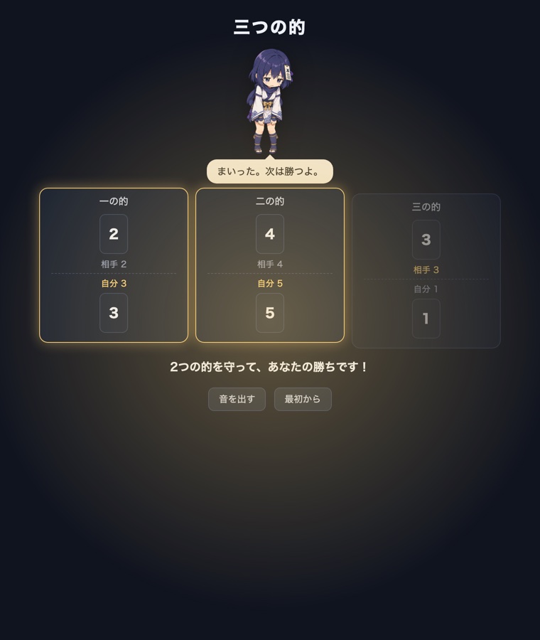 ゲーム画面全体が金色にほんのり染まり、2つの的を守ってあなたの勝ちですと出ている